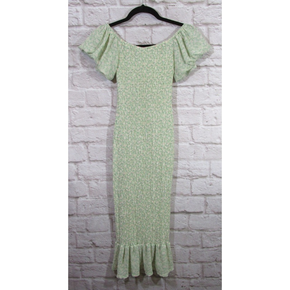 Petal &‎ Pup Smocked Bodycon Dress Womens 0 Green Floral Puff Sleeve Cottagecore